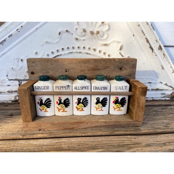 Vintage Spice Rack With Spice Jars Rooster Chicken Farmhouse - Picture 10 of 16
